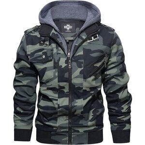 Mens Green HOOD CREW Faux Leather Motorcycle Bomber Jacket Removable Hood